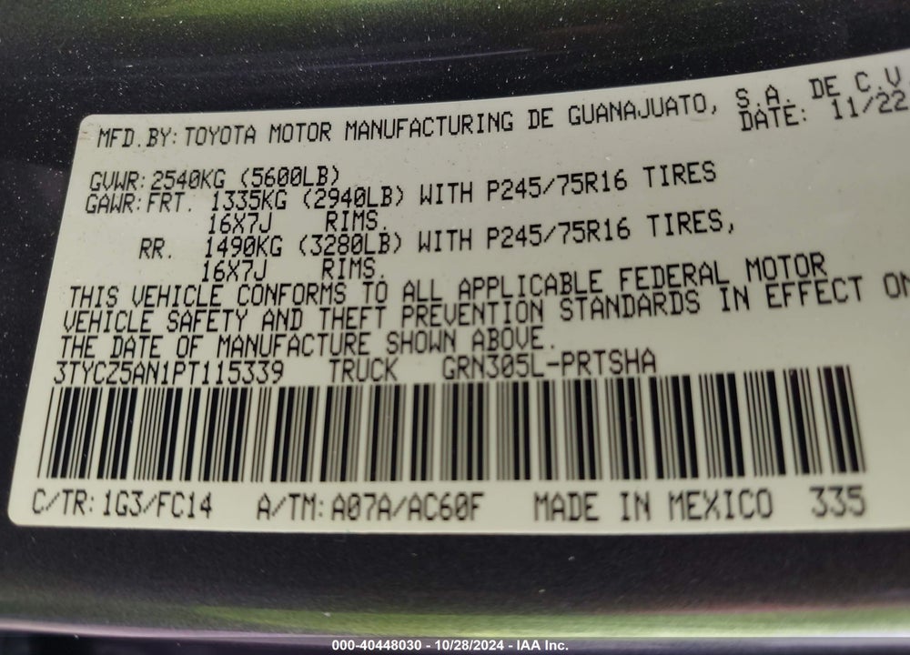 2023 TOYOTA TACOMA SR5 V6 VIN: 3TYCZ5AN1PT115339