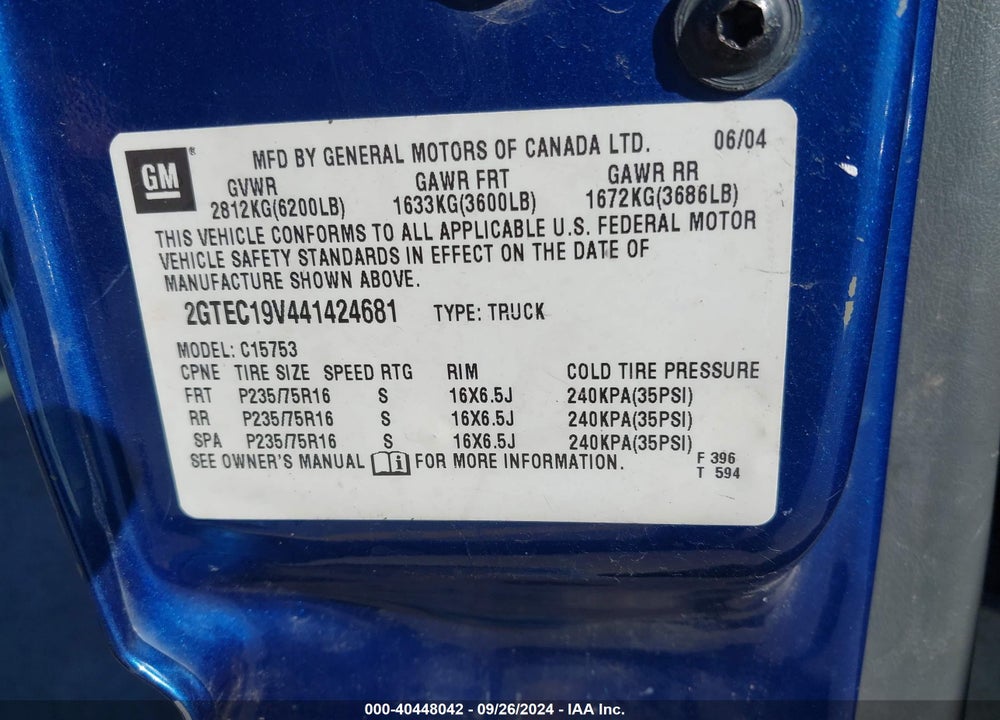 2004 GMC SIERRA 1500 VIN: 2GTEC19V441424681