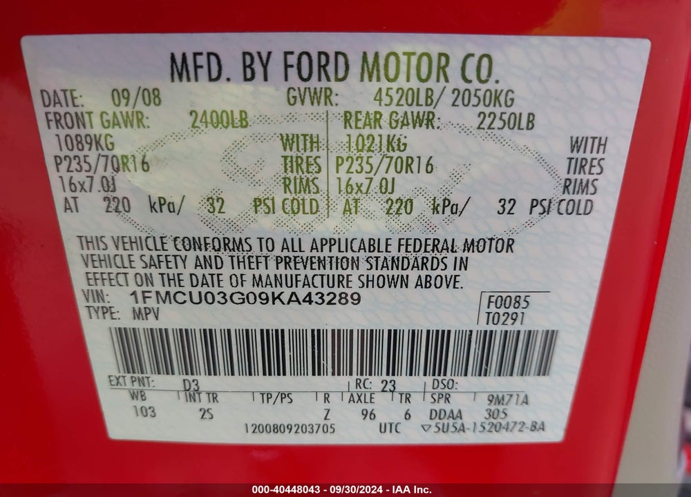 2009 FORD ESCAPE XLT VIN: 1FMCU03G09KA43289