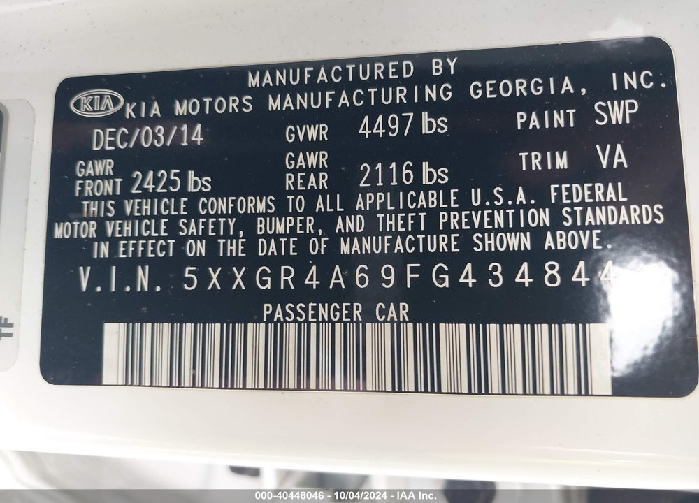 2015 KIA OPTIMA VIN: 5XXGR4A69FG434844