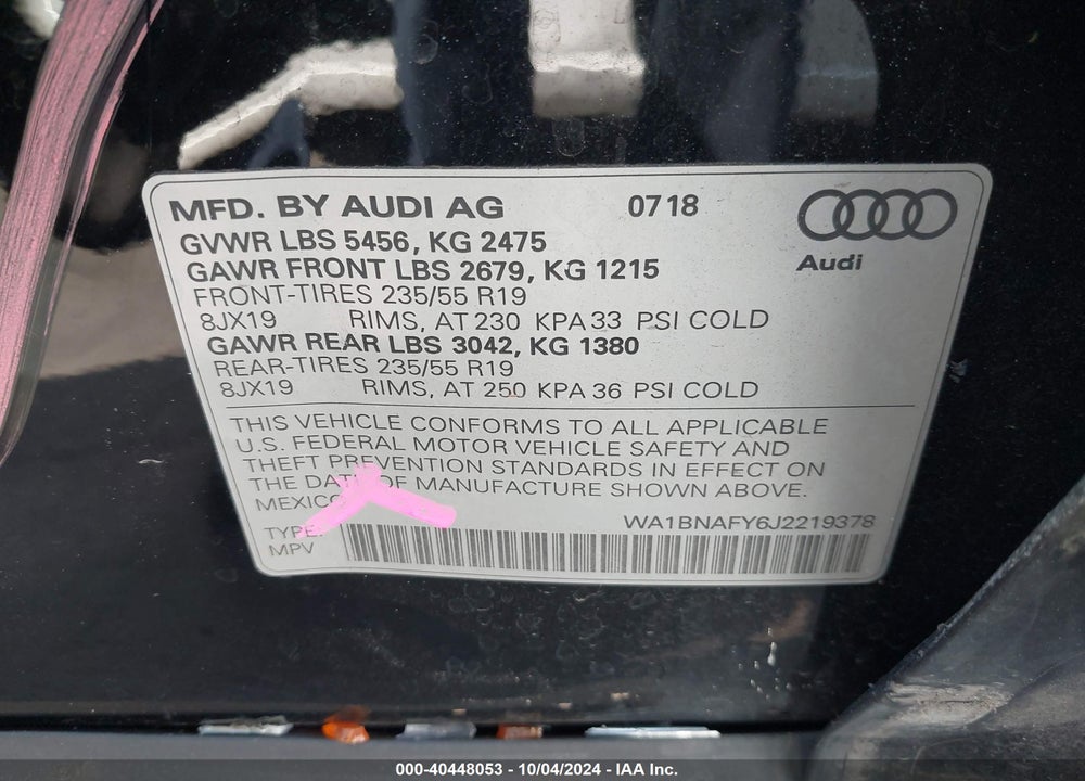 2018 AUDI Q5 2.0T PREMIUM/2.0T TECH PREMIUM VIN: WA1BNAFY6J2219378