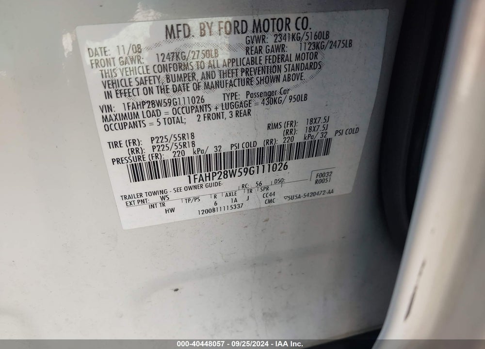 2009 FORD TAURUS LIMITED VIN: 1FAHP28W59G111026