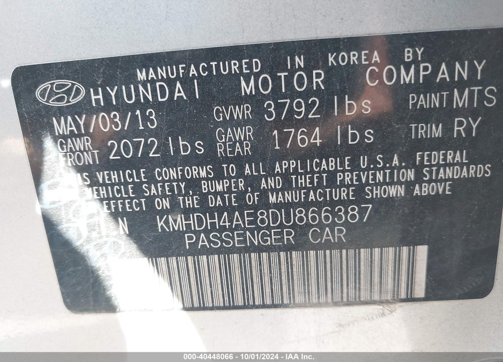 2013 HYUNDAI ELANTRA VIN: KMHDH4AE8DU866387