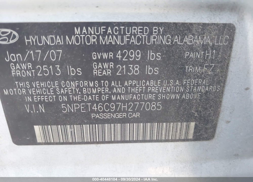 2007 HYUNDAI SONATA GLS VIN: 5NPET46C97H277085