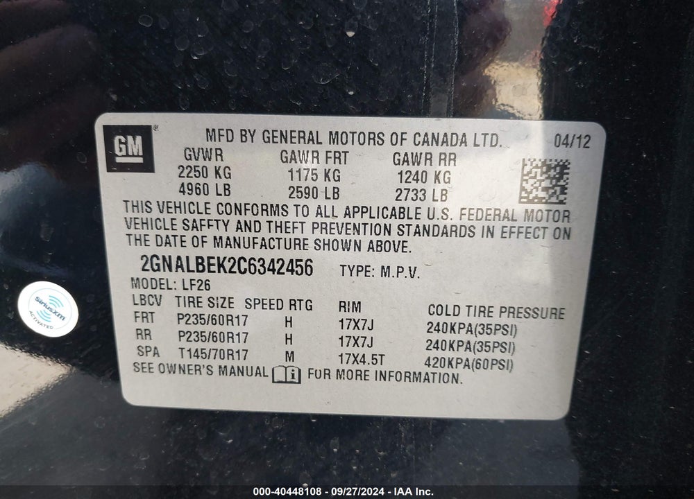 2012 CHEVROLET EQUINOX LS VIN: 2GNALBEK2C6342456