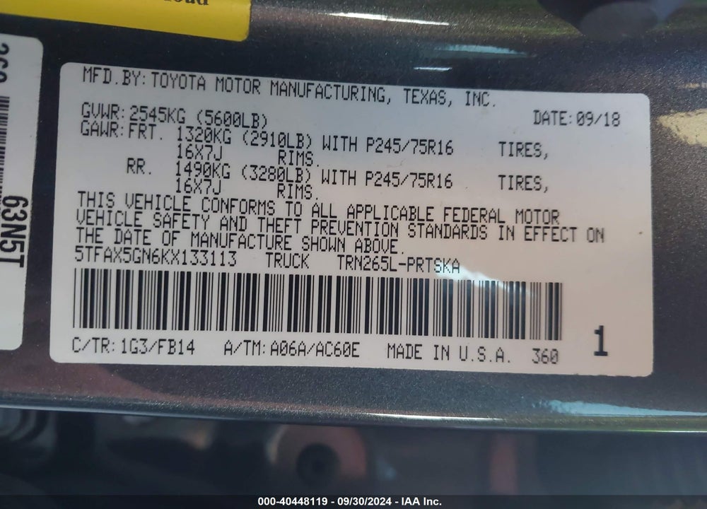 2019 TOYOTA TACOMA SR VIN: 5TFAX5GN6KX133113