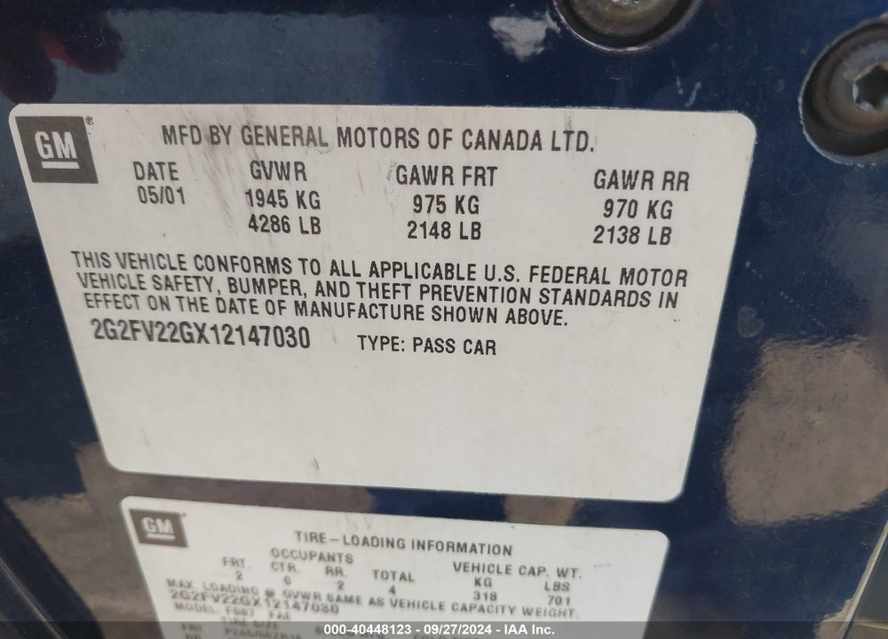 2001 PONTIAC FIREBIRD TRANS AM VIN: 2G2FV22GX12147030