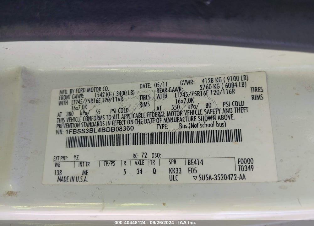2011 FORD E-350 SUPER DUTY XLT VIN: 1FBSS3BL4BDB08360
