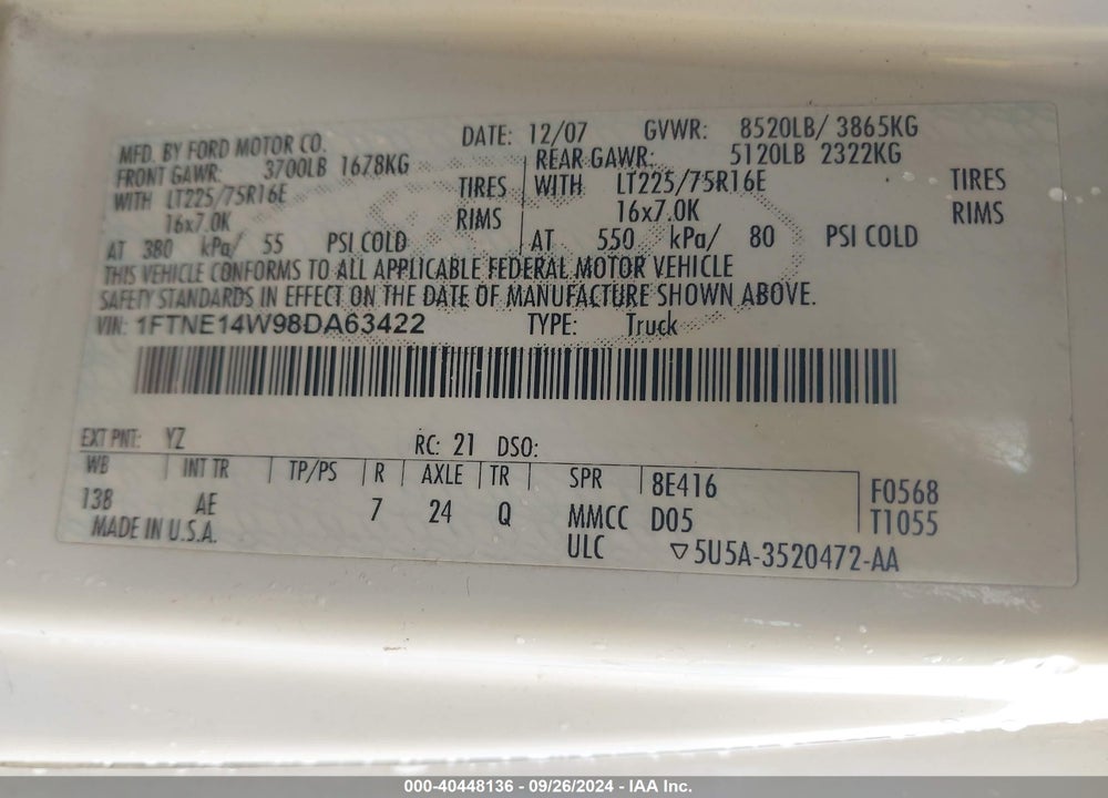 2008 FORD E-150 COMMERCIAL/RECREATIONAL VIN: 1FTNE14W98DA63422