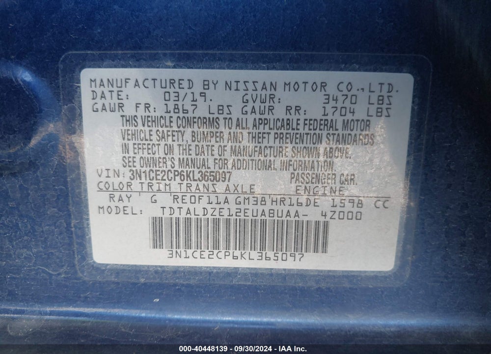 2019 NISSAN VERSA NOTE SV VIN: 3N1CE2CP6KL365097