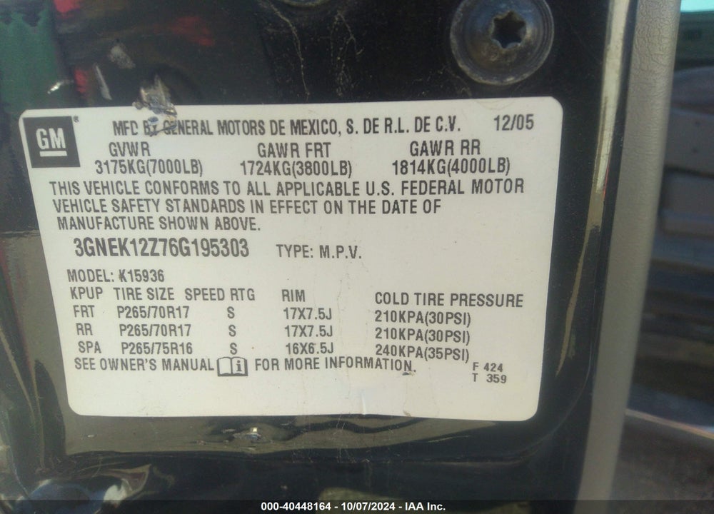 2006 CHEVROLET AVALANCHE 1500 Z71 VIN: 3GNEK12Z76G195303