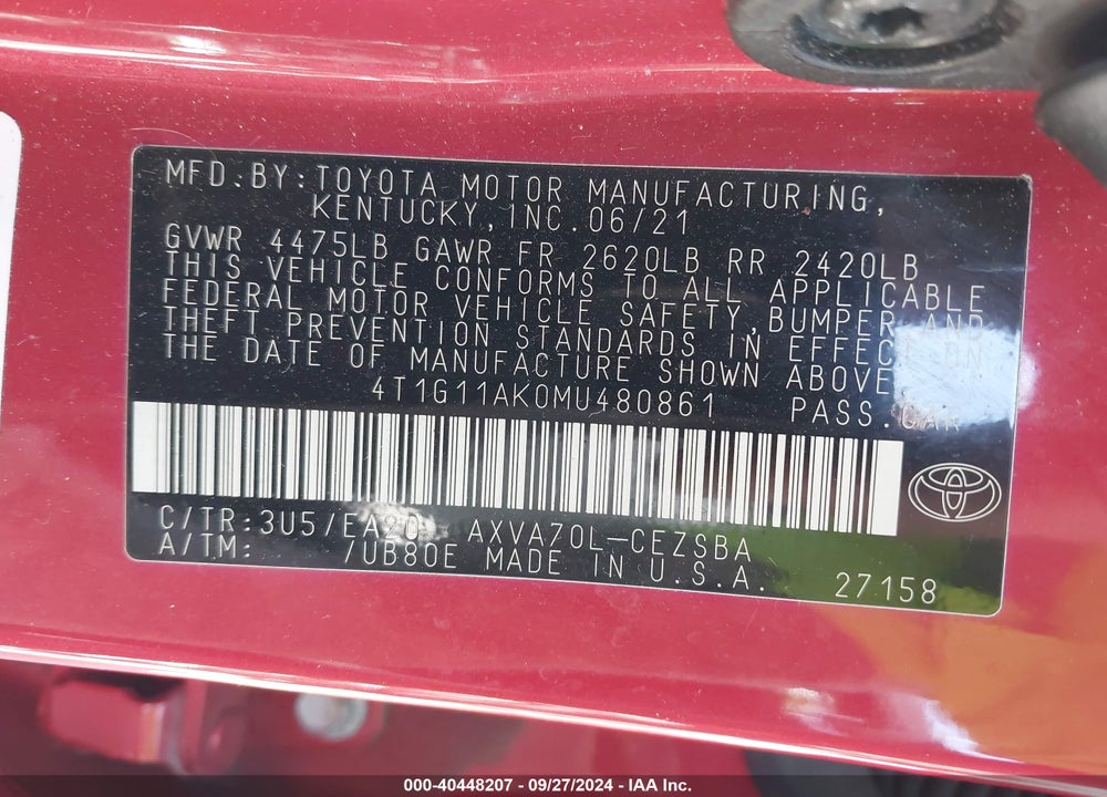 2021 TOYOTA CAMRY SE VIN: 4T1G11AK0MU480861