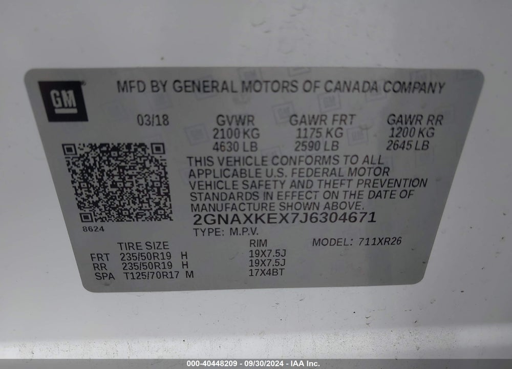 2018 CHEVROLET EQUINOX LT VIN: 2GNAXKEX7J6304671
