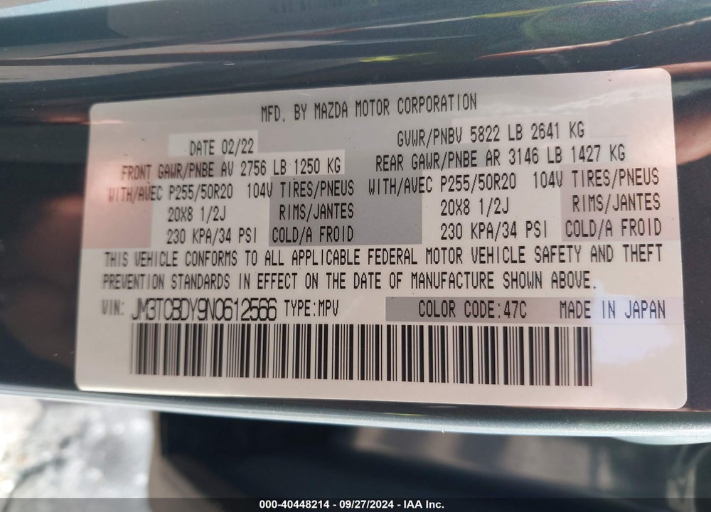 2022 MAZDA CX-9 CARBON EDITION VIN: JM3TCBDY9N0612566