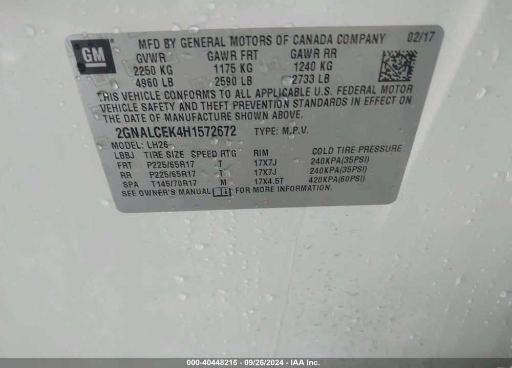 2017 CHEVROLET EQUINOX LT VIN: 2GNALCEK4H1572672