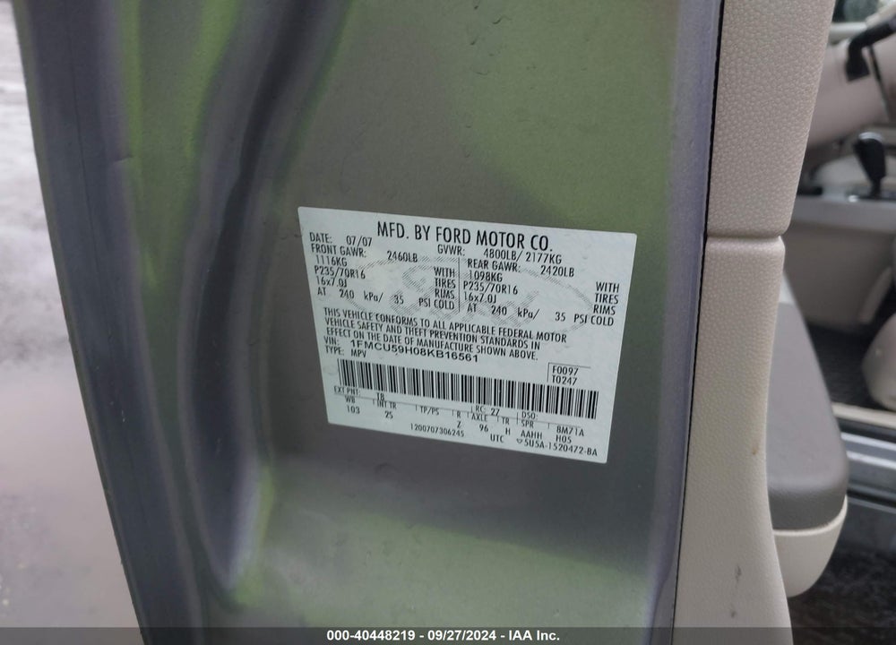 2008 FORD ESCAPE HYBRID VIN: 1FMCU59H08KB16561
