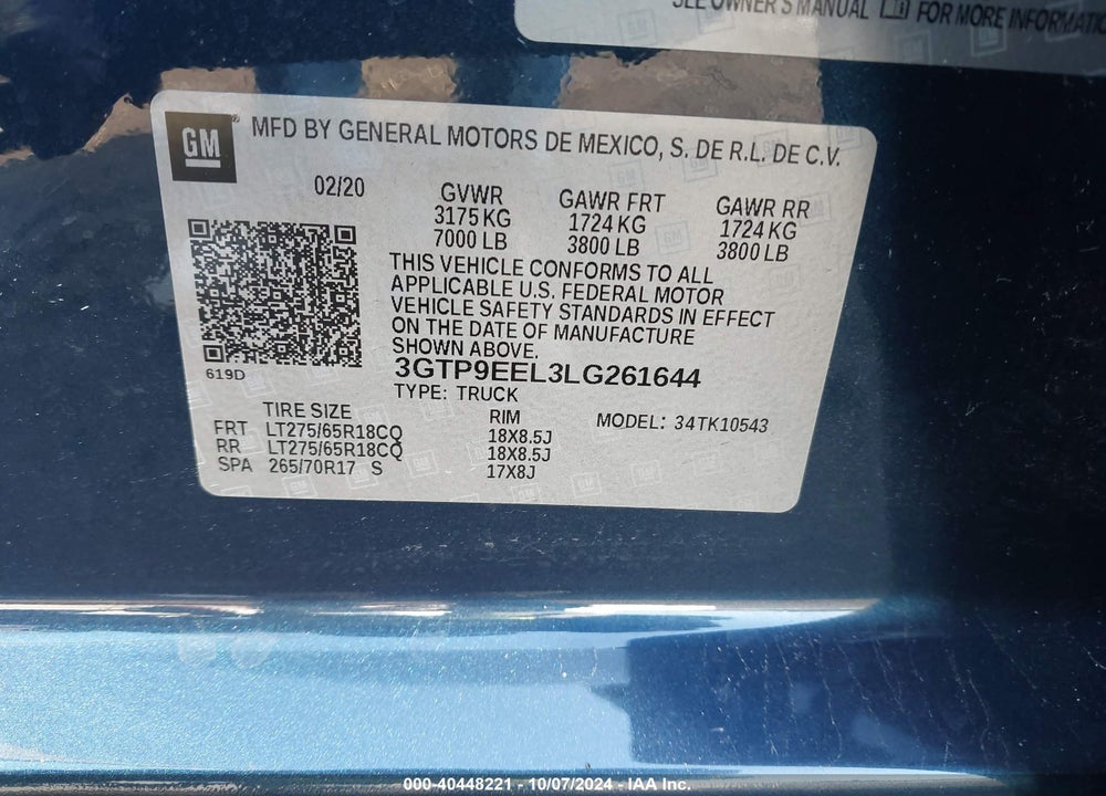 2020 GMC SIERRA 1500 4WD SHORT BOX AT4 VIN: 3GTP9EEL3LG261644