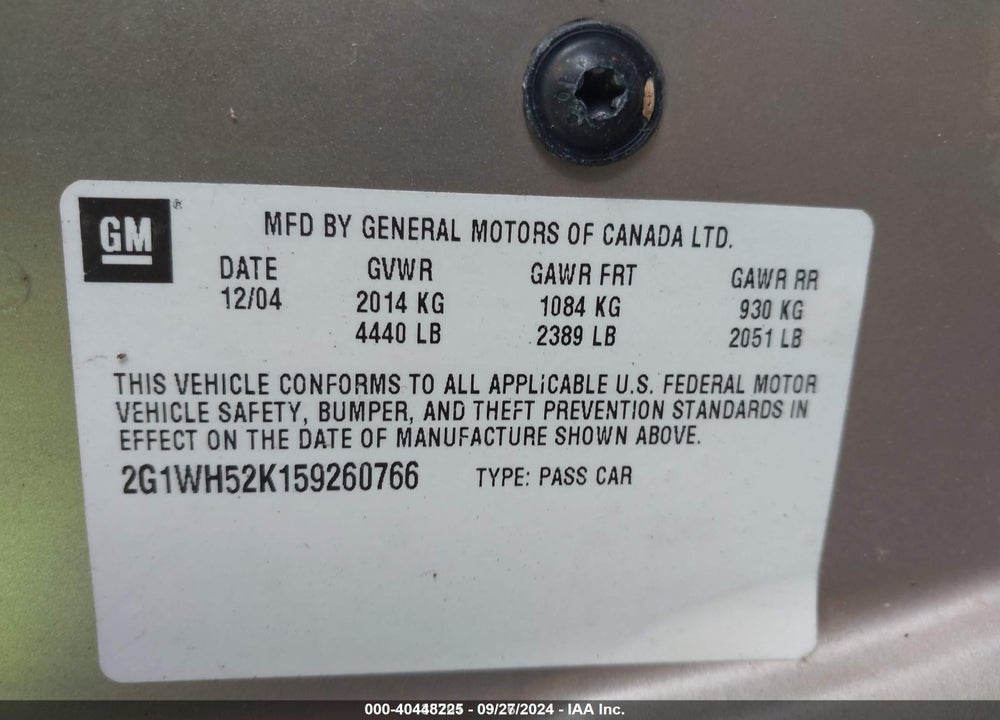 2005 CHEVROLET IMPALA LS VIN: 2G1WH52K159260766