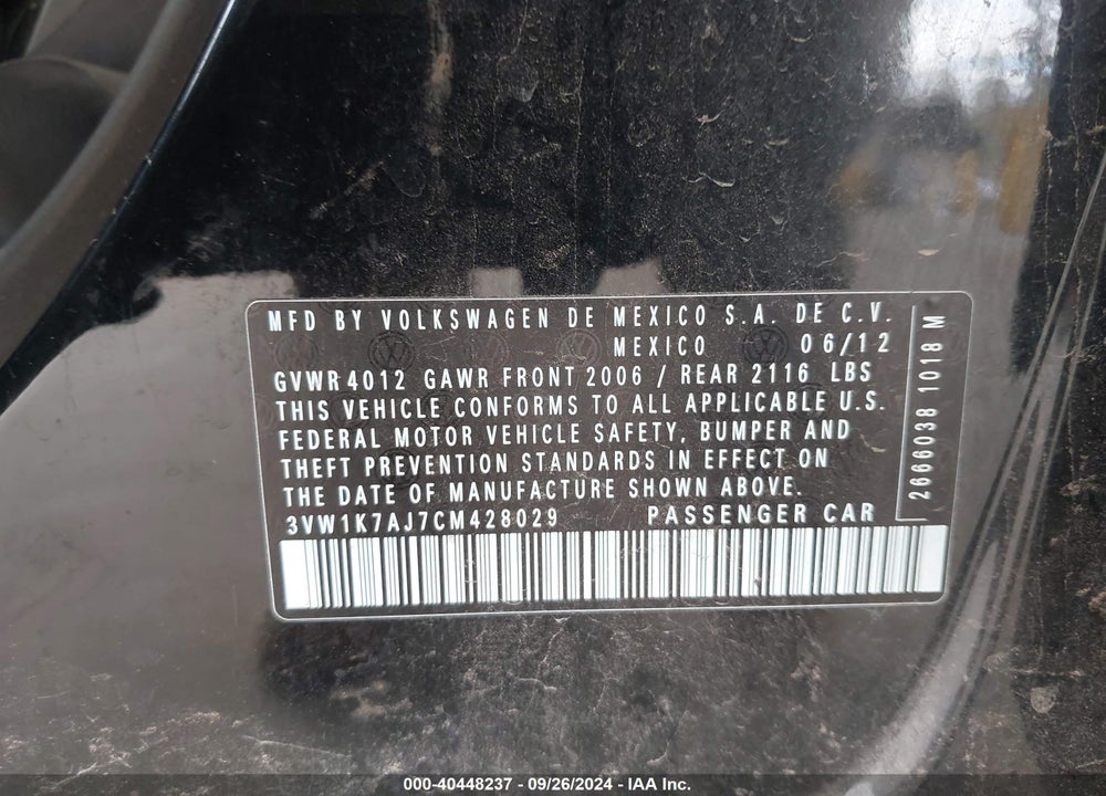 2012 VOLKSWAGEN JETTA 2.0L S VIN: 3VW1K7AJ7CM428029