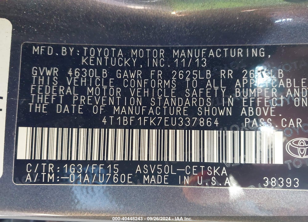 2014 TOYOTA CAMRY SE VIN: 4T1BF1FK7EU337864