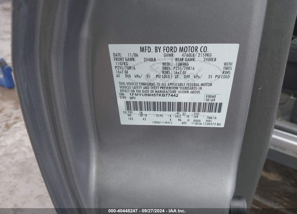 2007 FORD ESCAPE HYBRID VIN: 1FMYU59H57KB77442