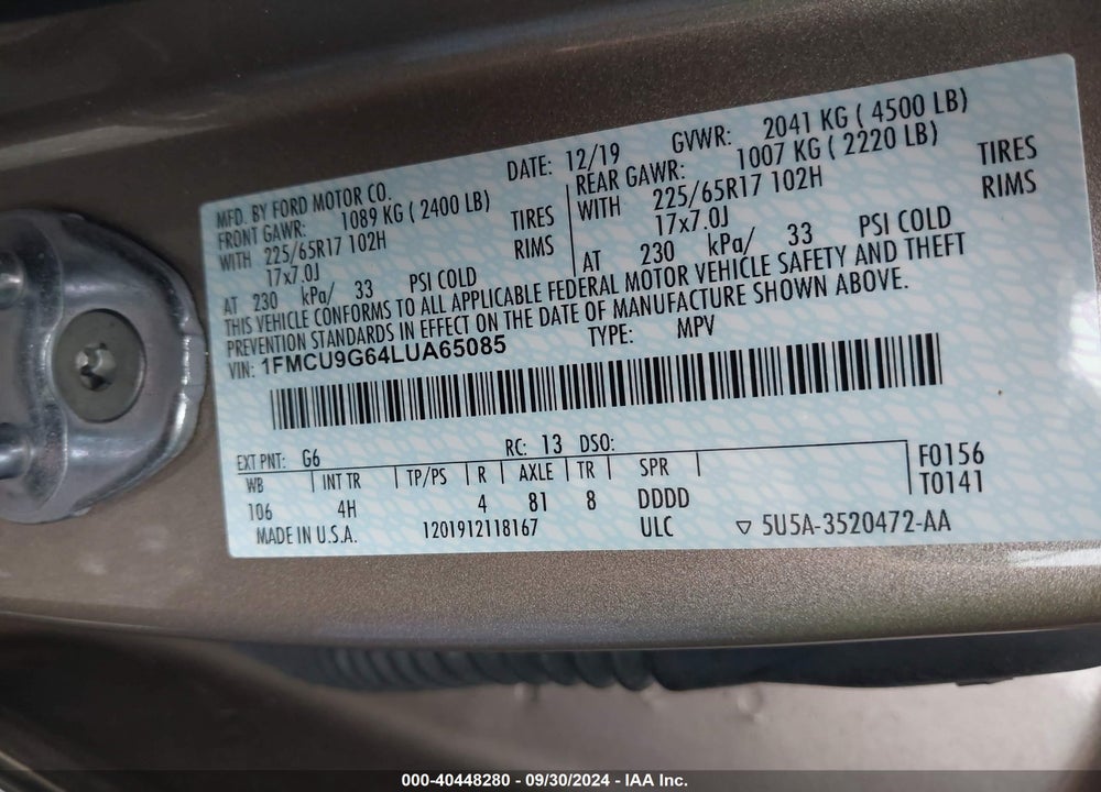 2020 FORD ESCAPE SE VIN: 1FMCU9G64LUA65085