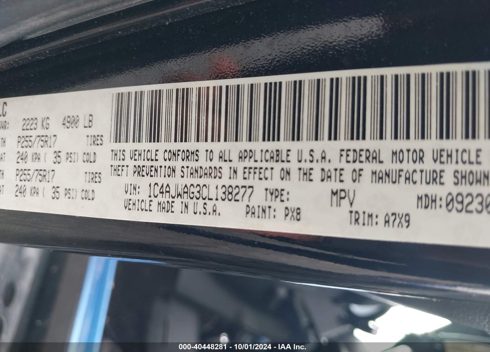2012 JEEP WRANGLER SPORT VIN: 1C4AJWAG3CL138277