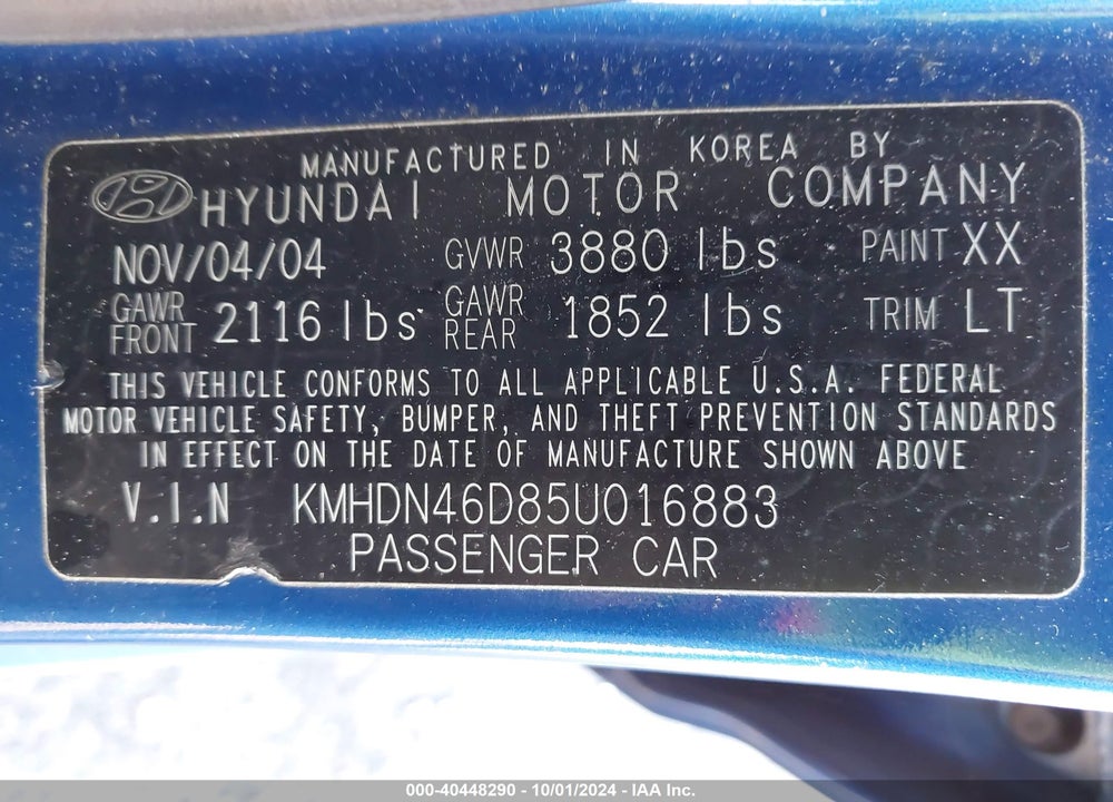 2005 HYUNDAI ELANTRA GLS/GT VIN: KMHDN46D85U016883