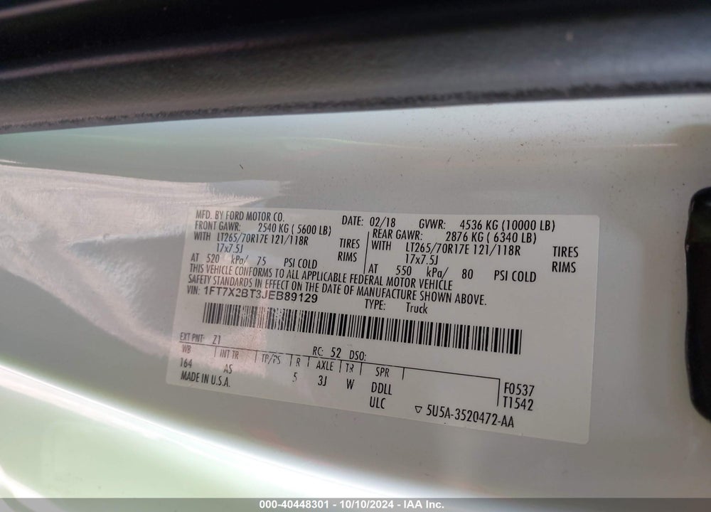 2018 FORD F-250 XL VIN: 1FT7X2BT3JEB89129