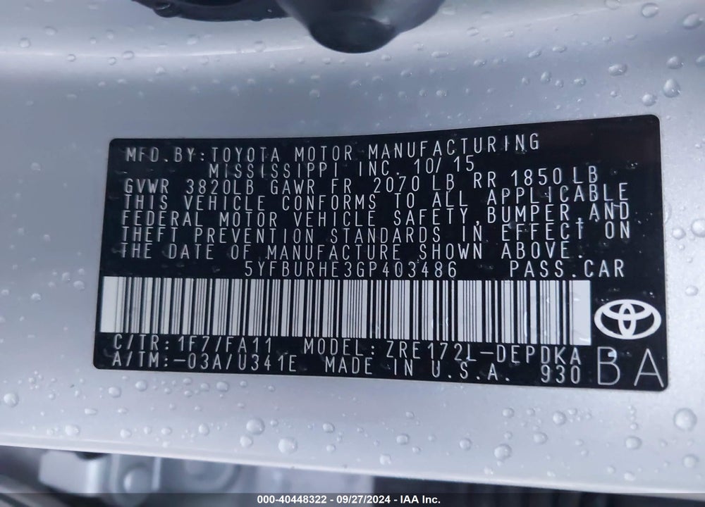 2016 TOYOTA COROLLA L VIN: 5YFBURHE3GP403486
