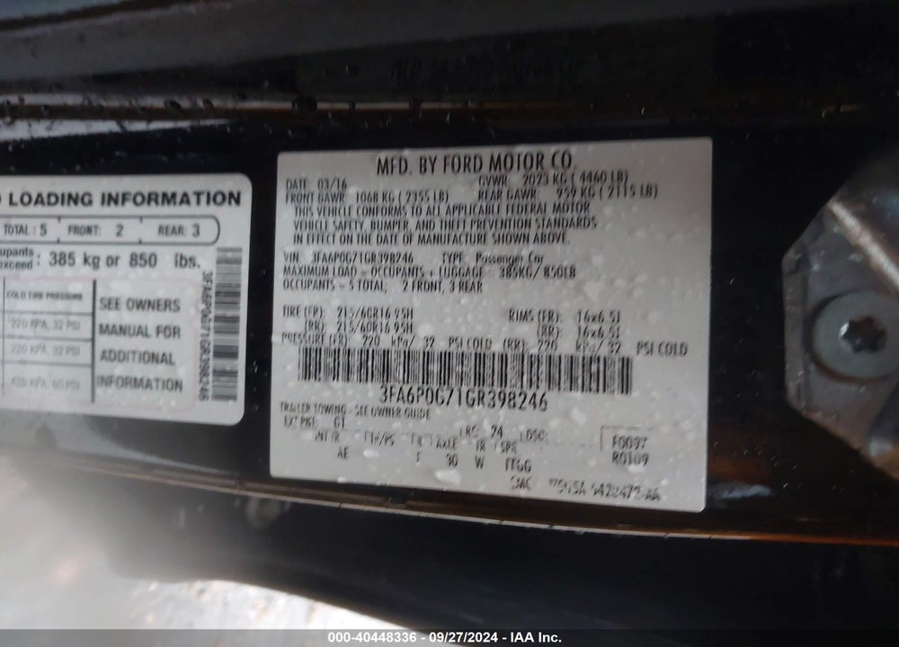 2016 FORD FUSION VIN: 3FA6P0G71GR398246