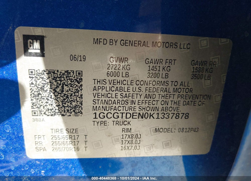 2019 CHEVROLET COLORADO Z71 VIN: 1GCGTDEN0K1337878