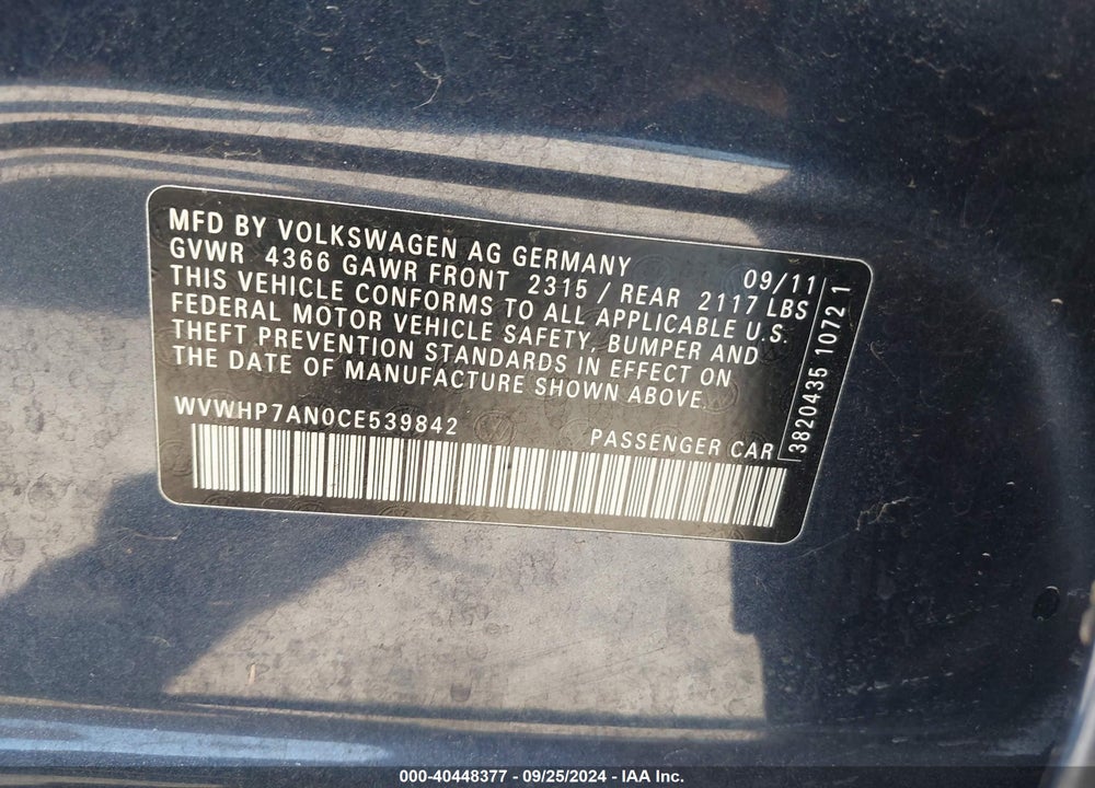 2012 VOLKSWAGEN CC LUX PLUS VIN: WVWHP7AN0CE539842