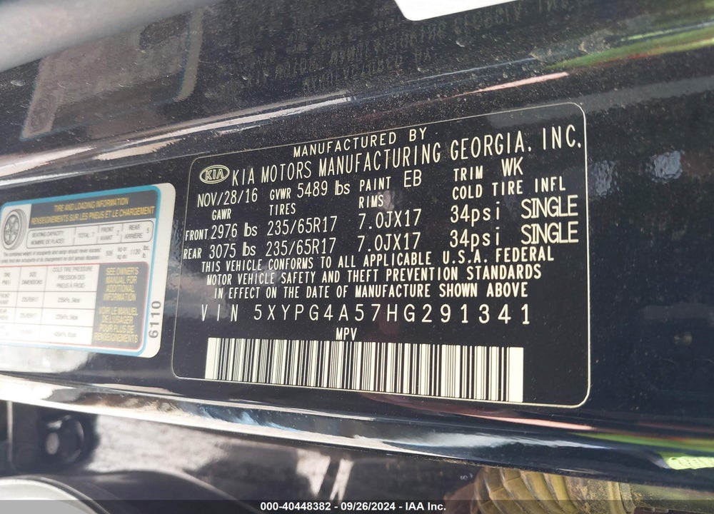 2017 KIA SORENTO 3.3L LX VIN: 5XYPG4A57HG291341