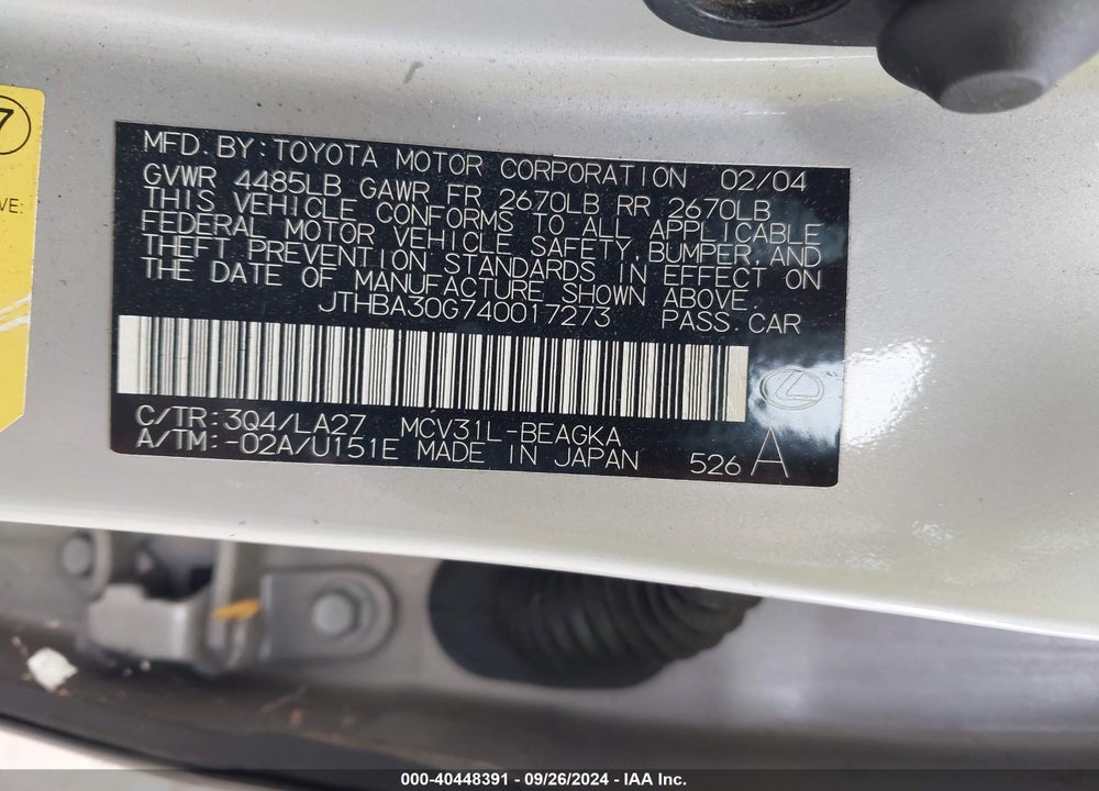2004 LEXUS ES 330 VIN: JTHBA30G740017273