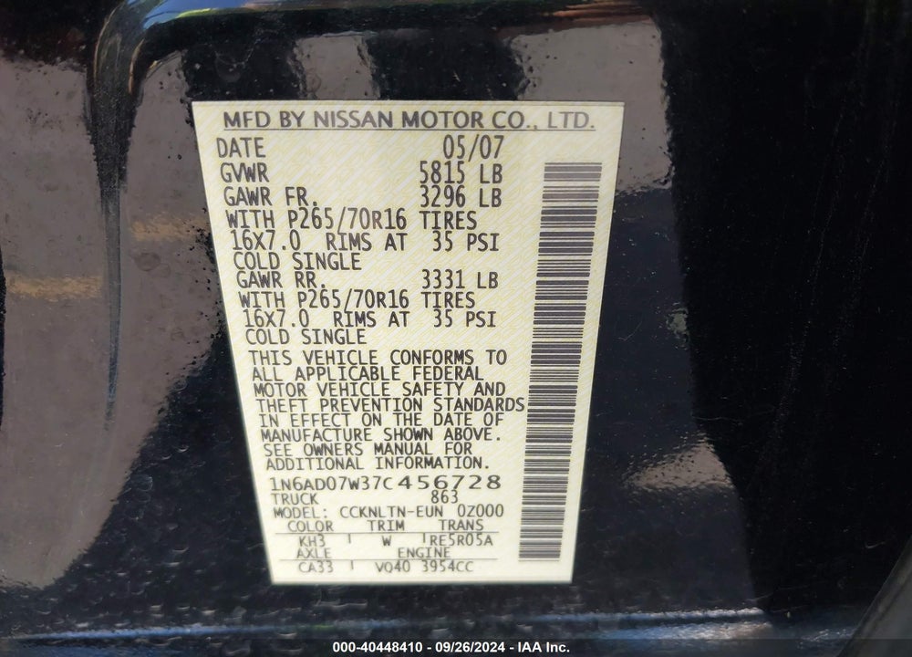 2007 NISSAN FRONTIER SE VIN: 1N6AD07W37C456728
