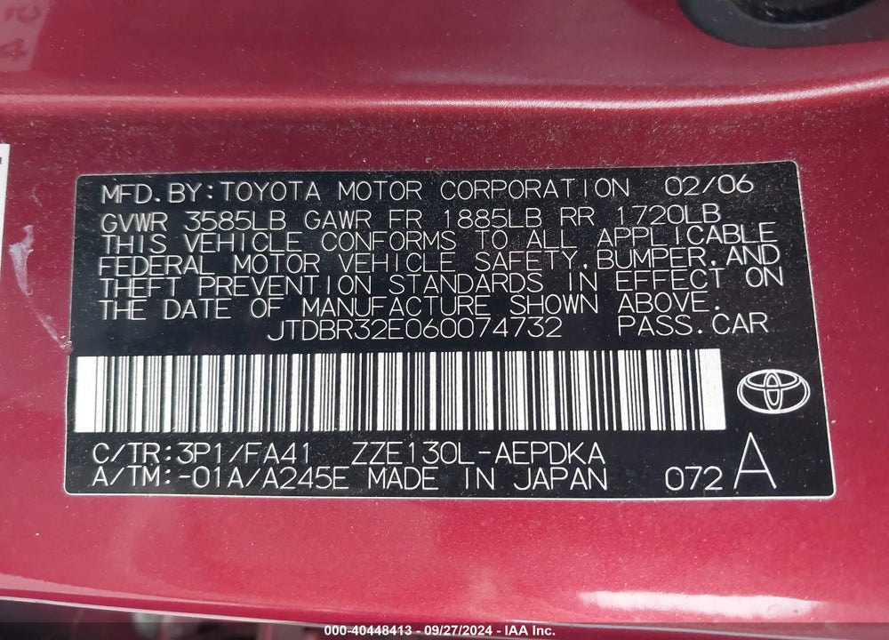 2006 TOYOTA COROLLA CE VIN: JTDBR32E060074732