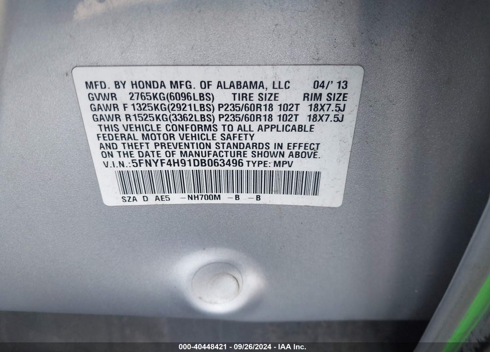 2013 HONDA PILOT TOURING VIN: 5FNYF4H91DB063496
