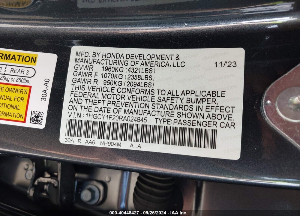 2024 HONDA ACCORD VIN: 1HGCY1F20RA024845