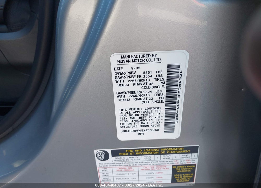 2005 INFINITI FX35 VIN: JNRAS08W45X219968