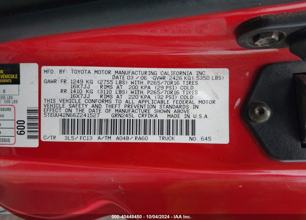 2006 TOYOTA TACOMA BASE V6 VIN: 5TEUU42N66Z241527