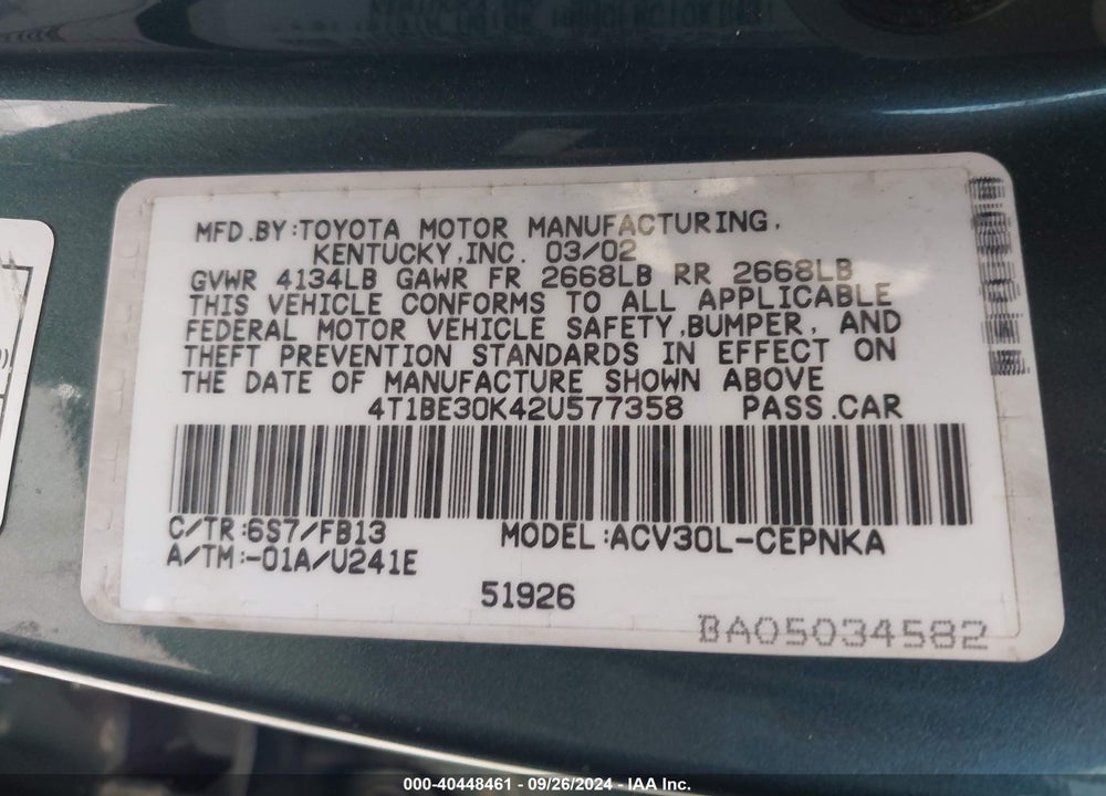 2002 TOYOTA CAMRY LE VIN: 4T1BE30K42U577358