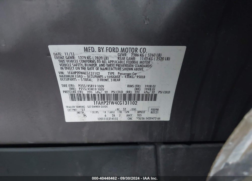 2012 FORD TAURUS LIMITED VIN: 1FAHP2FW4CG131102