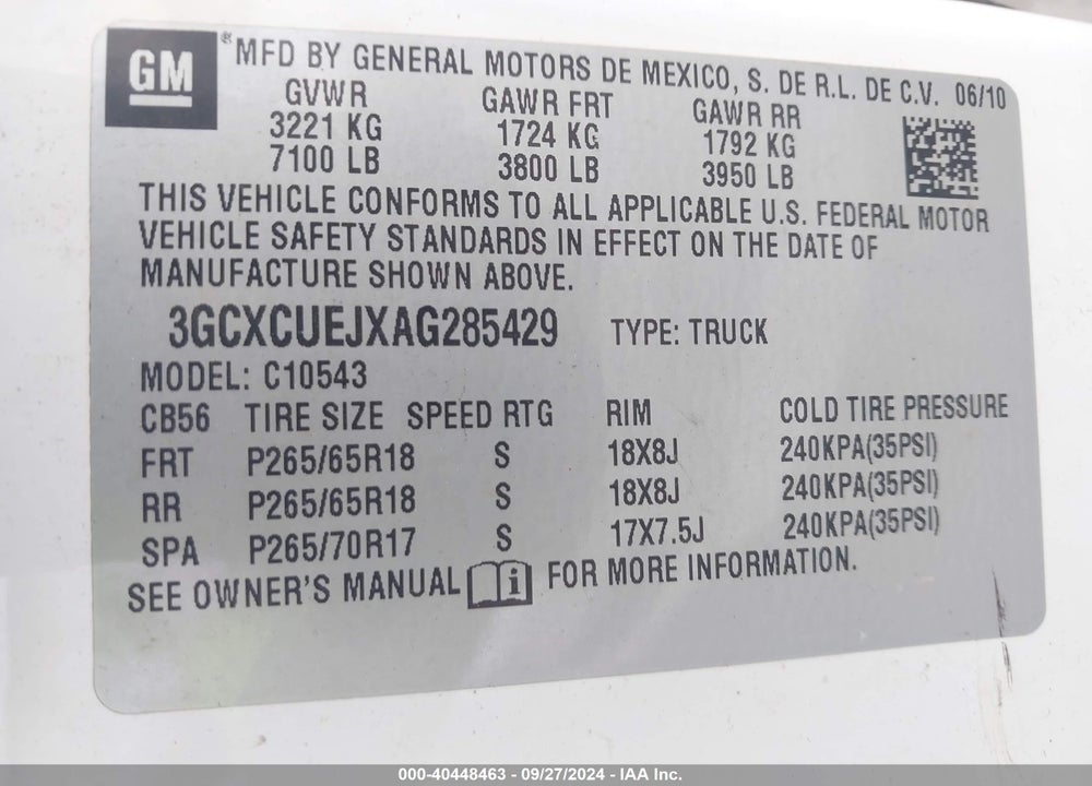 2010 CHEVROLET SILVERADO 1500 HYBRID 1HY VIN: 3GCXCUEJXAG285429