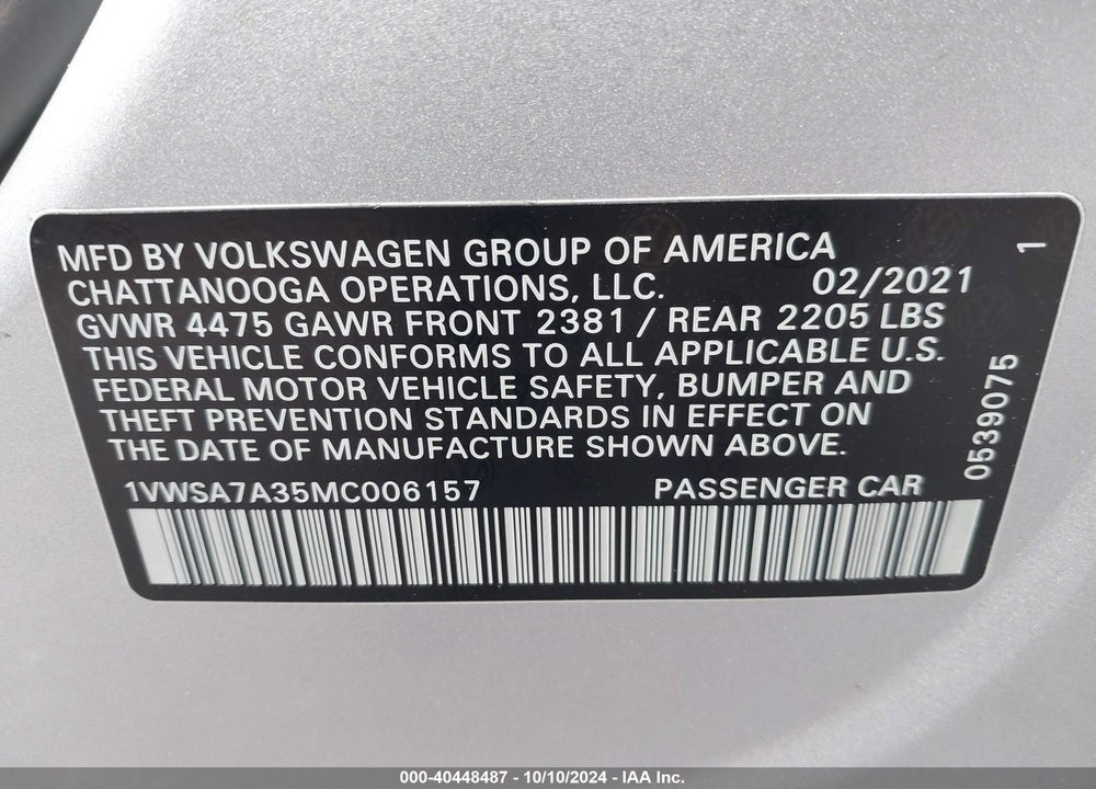 2021 VOLKSWAGEN PASSAT 2.0T SE VIN: 1VWSA7A35MC006157