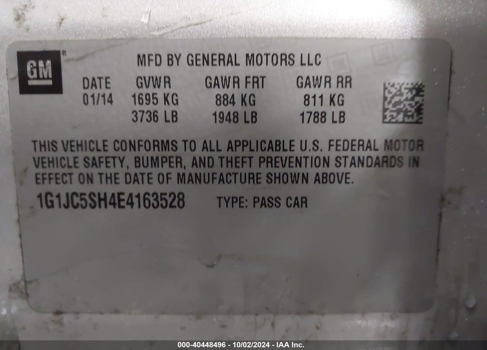 2014 CHEVROLET SONIC LT AUTO VIN: 1G1JC5SH4E4163528