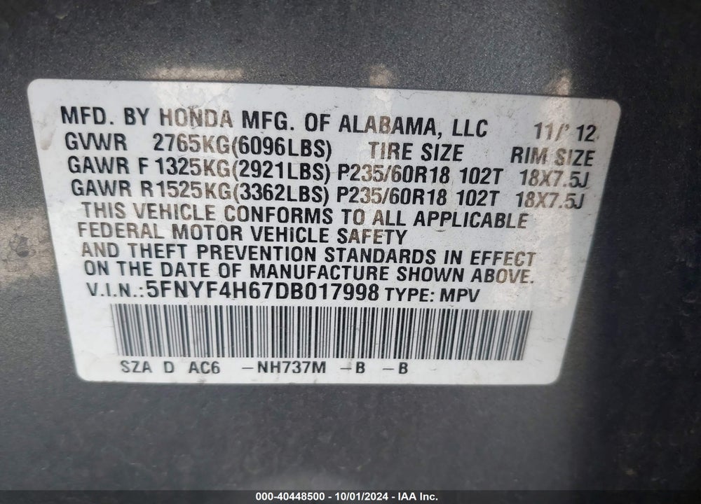 2013 HONDA PILOT EX-L VIN: 5FNYF4H67DB017998
