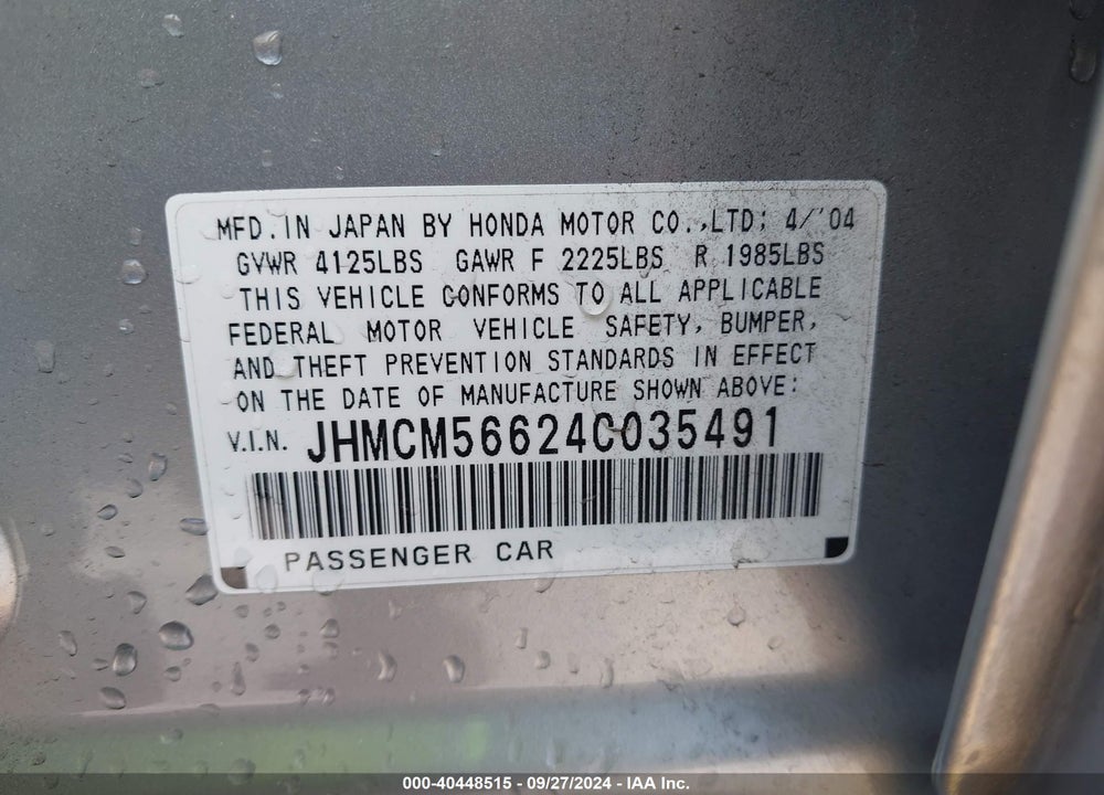 2004 HONDA ACCORD 2.4 EX VIN: JHMCM56624C035491