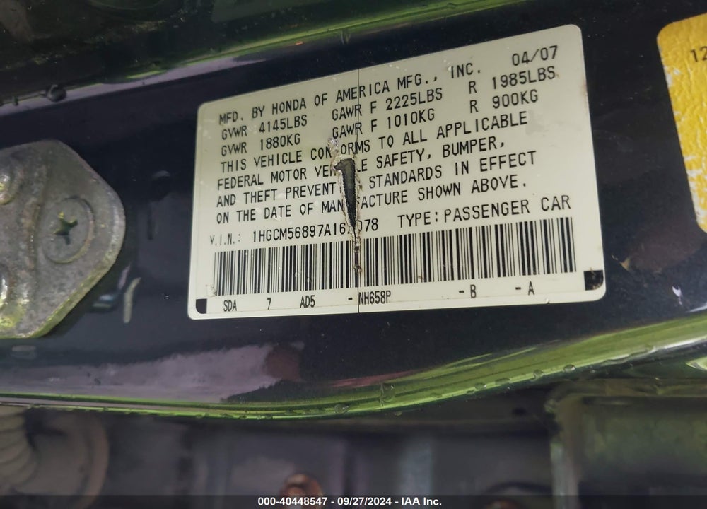 2007 HONDA ACCORD 2.4 EX VIN: 1HGCM56897A162078
