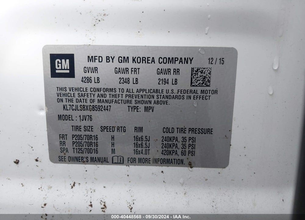 2016 CHEVROLET TRAX LT VIN: KL7CJLSBXGB592447